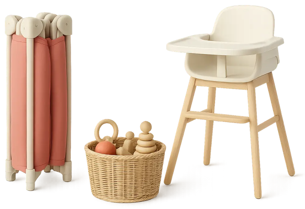 short-term rental equipped for families with children: cot, high chair, and safety gate