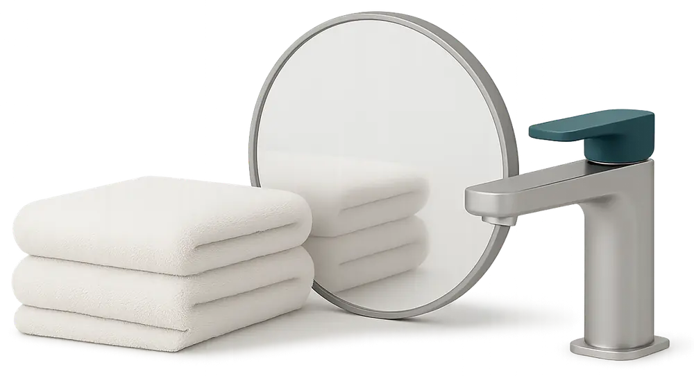 Clean Airbnb bathroom prepared according to a hotel-style cleaning checklist Clean Airbnb bathroom prepared according to a hotel-style cleaning checklist