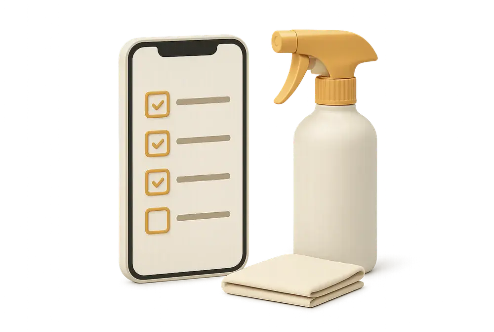CleanClac app displaying an illustrated cleaning checklist in progress with photo proof