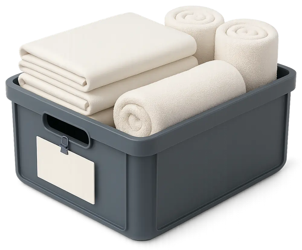 clean linen and consumables kit prepared in advance for a same-day turnover clean in a short-term rental clean linen and consumables kit prepared in advance for a same-day turnover clean in a short-term rental