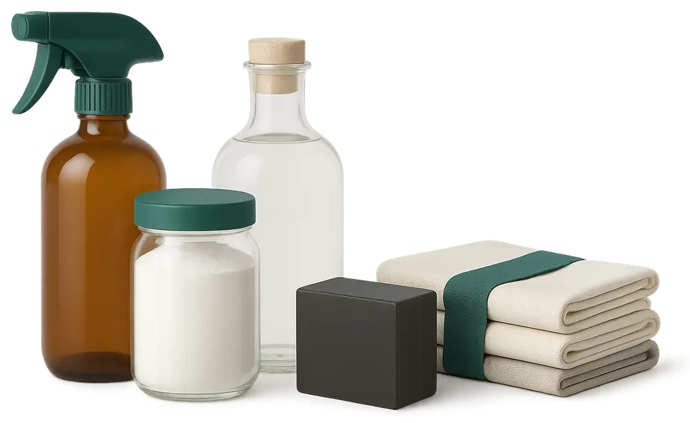 Kit of natural products for eco-friendly cleaning in a short-term rental Kit of natural products for eco-friendly cleaning in a short-term rental