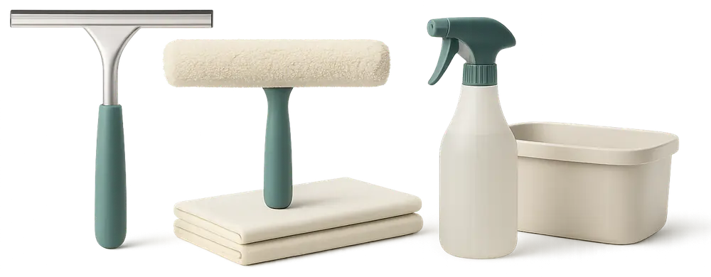 Professional window cleaning kit for short-term rentals: squeegee, washer, microfibres, and spray bottle Professional window cleaning kit for short-term rentals: squeegee, washer, microfibres, and spray bottle