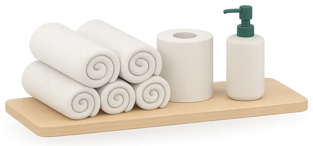 Airbnb bathroom with hotel-style finishing touches, folded towels and shiny taps