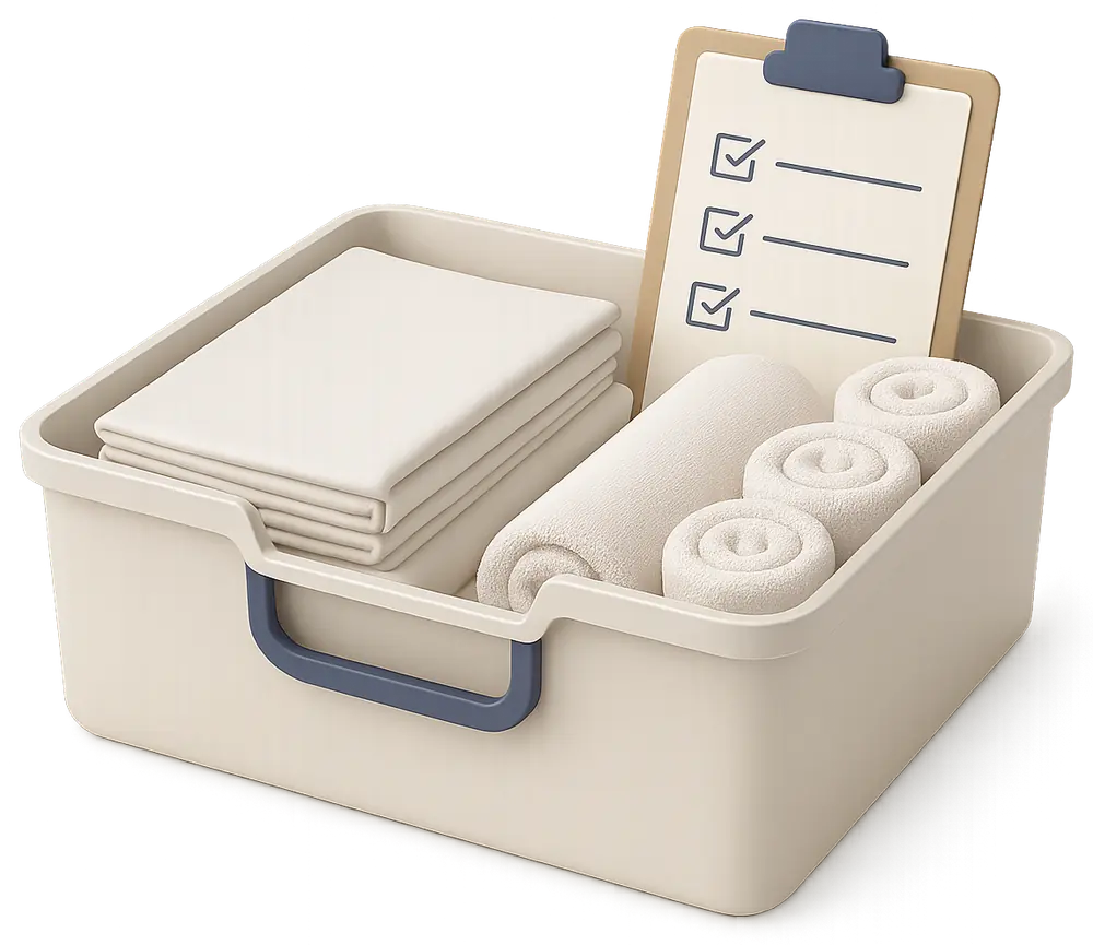 cleaning and linen kit prepared for a same-day Airbnb turnover
