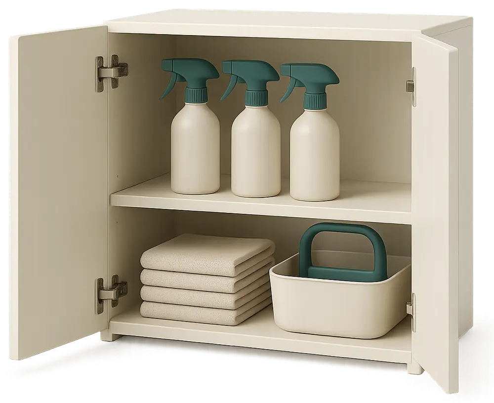 organised storage of cleaning products in a short-term rental cupboard organised storage of cleaning products in a short-term rental cupboard