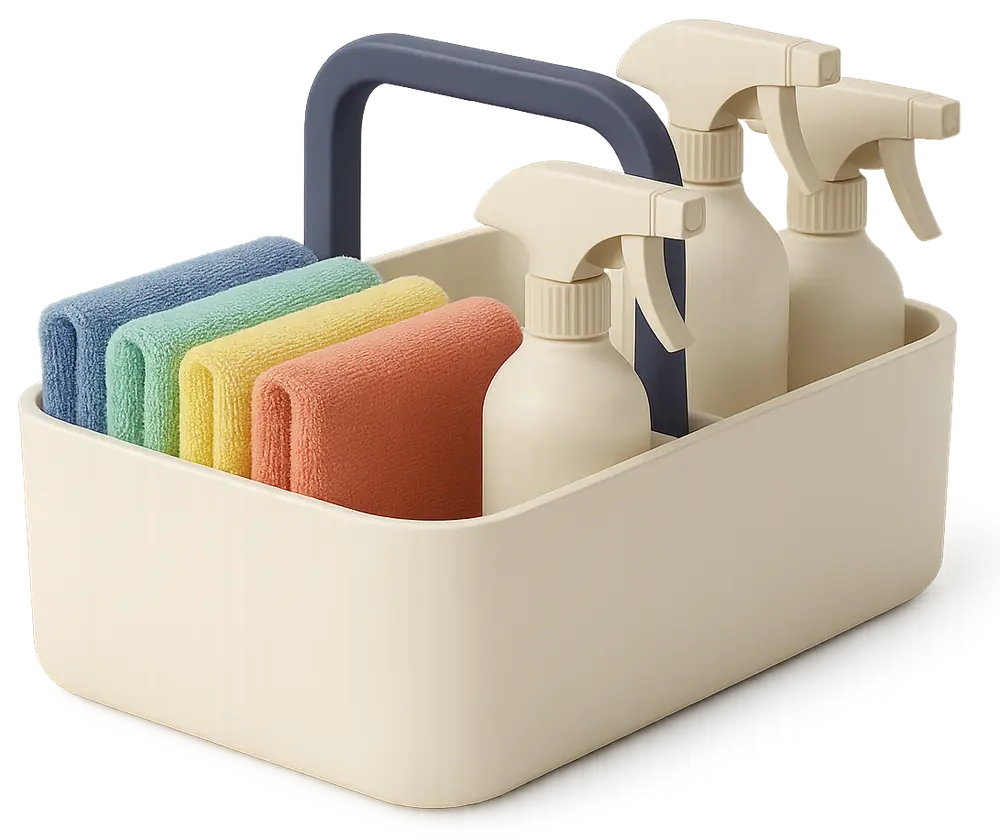 Professional cleaning kit organised by colour code for an Airbnb rental