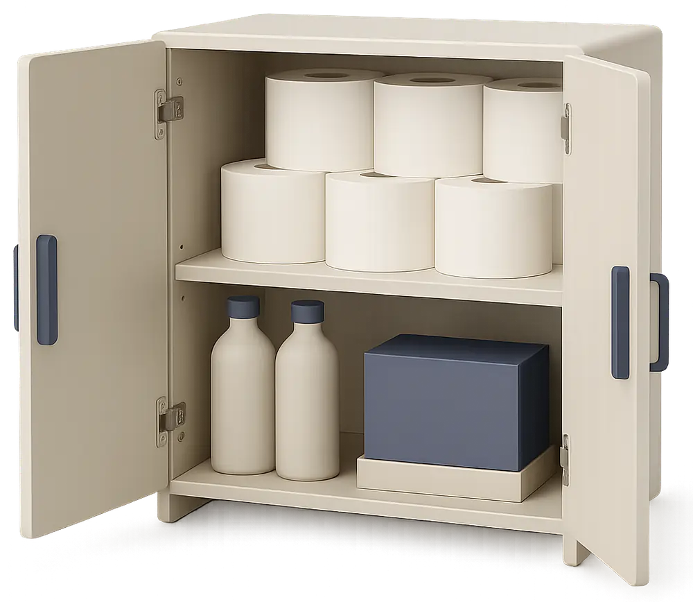 organised consumables stock cupboard with labels in a holiday let