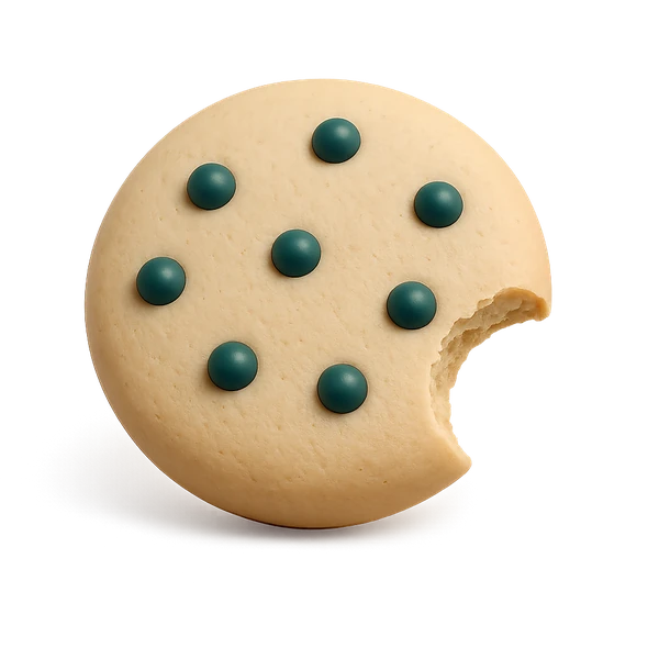 A cookie with a bite taken out, green chips