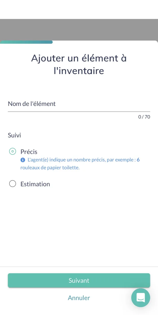 Turno form to add an inventory item, with an empty name field and a tracking mode choice