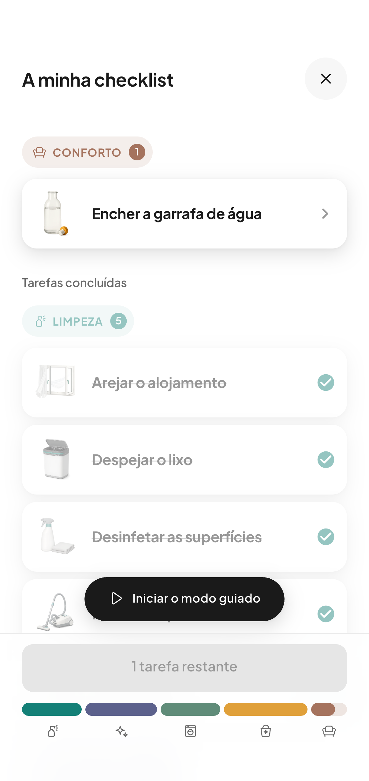 A lista de tarefas de uma limpeza na CleanClac, arrumada por tema, com as tarefas ilustradas