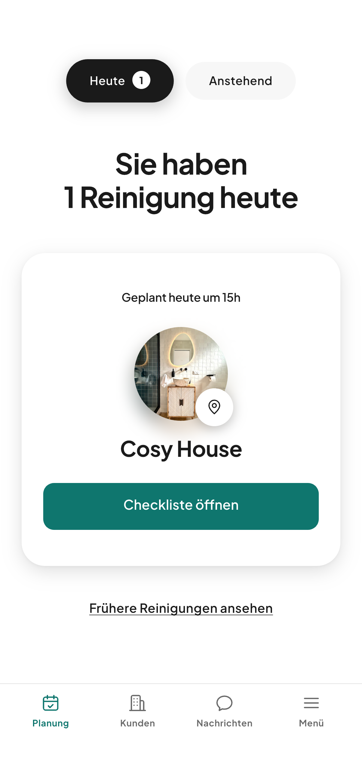 Die CleanClac-App auf Seite der Reinigungskraft: Reinigung des Tages, Aufgabenliste, Nachfüllen, Planung