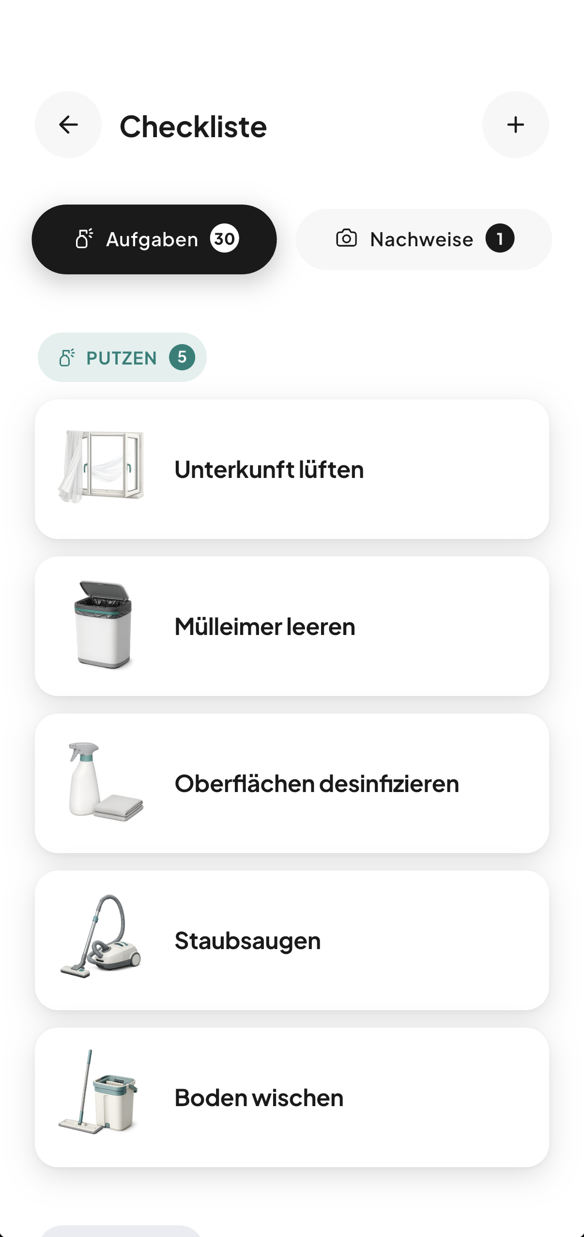 Die CleanClac-App auf Verwalterseite: Aufgabenliste, Reinigung des Tages, Live-Verfolgung, Planung, Unterkünfte, Bestände