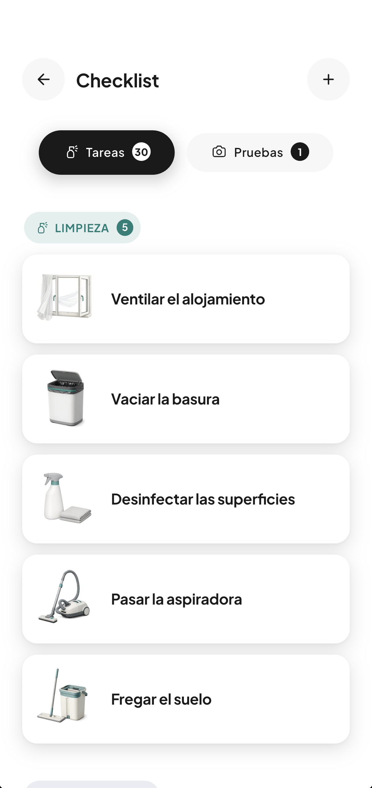 La aplicación CleanClac del lado del gestor: lista de tareas, limpieza del día, seguimiento en directo, planning, alojamientos, existencias