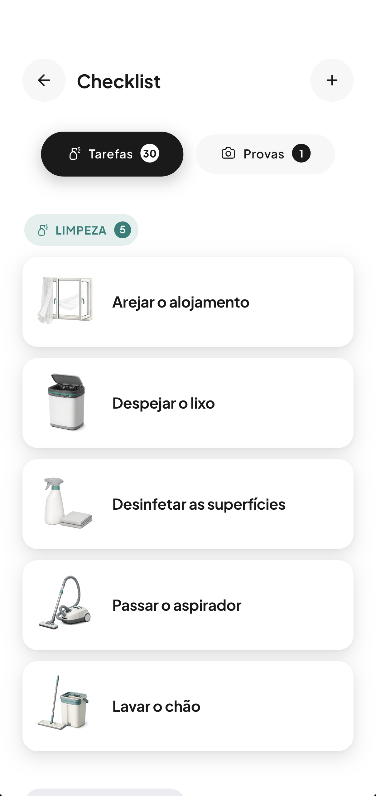 A aplicação CleanClac do lado do gestor: lista de tarefas, limpeza do dia, acompanhamento em direto, planeamento, alojamentos, existências