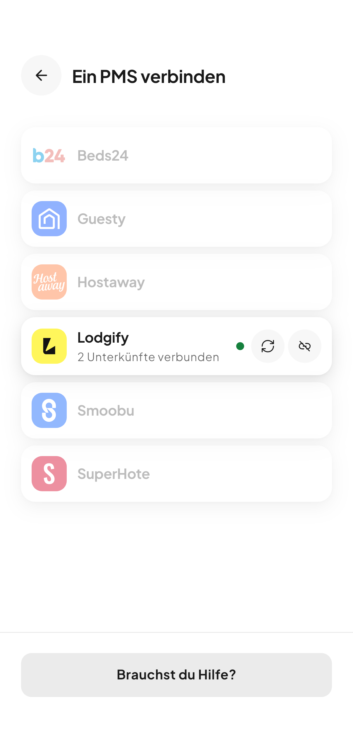 Der Verbindungsbildschirm zur Verwaltungssoftware in CleanClac: Beds24, Guesty, Hostaway, Lodgify, Smoobu, SuperHote