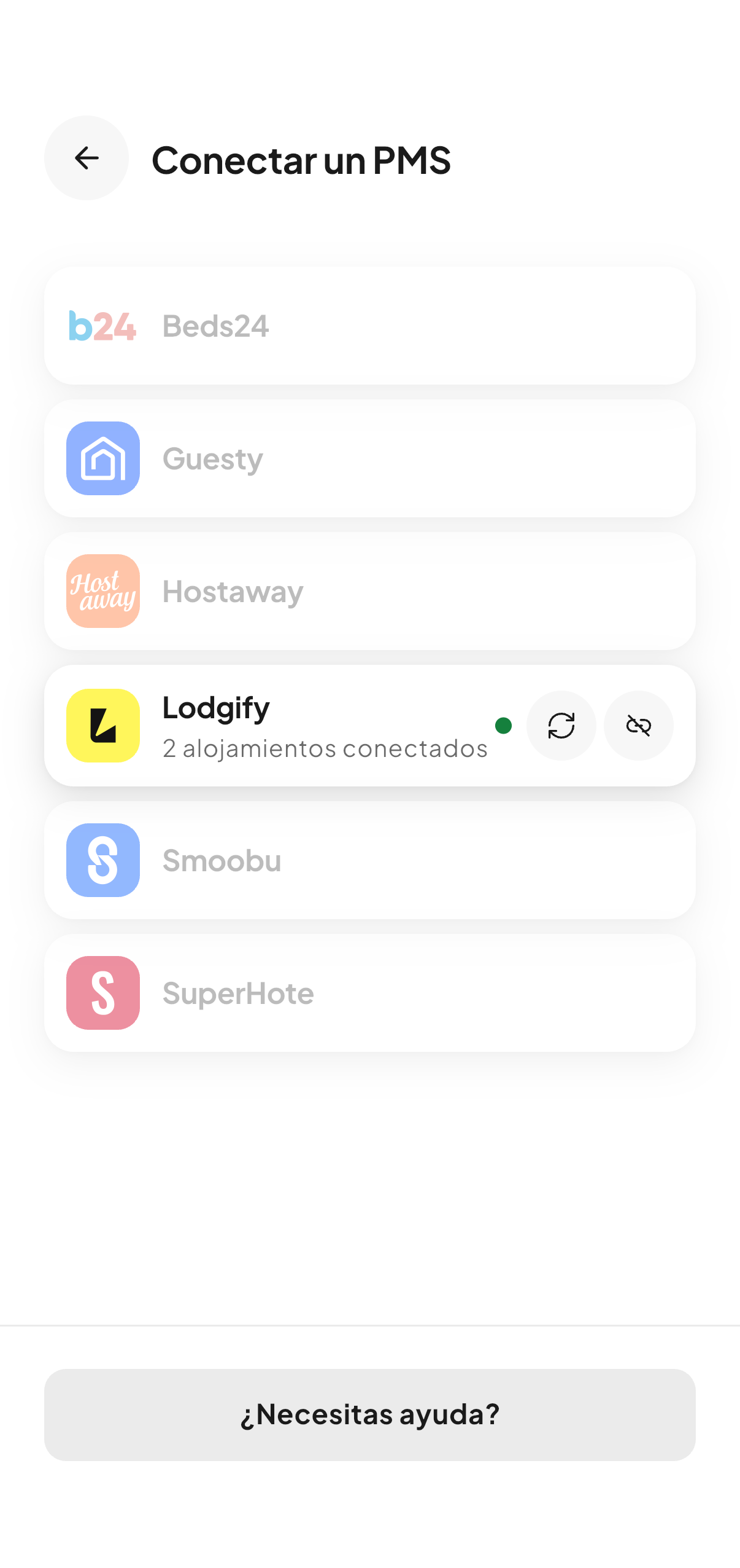 La pantalla de conexión al software de gestión en CleanClac: Beds24, Guesty, Hostaway, Lodgify, Smoobu, SuperHote
