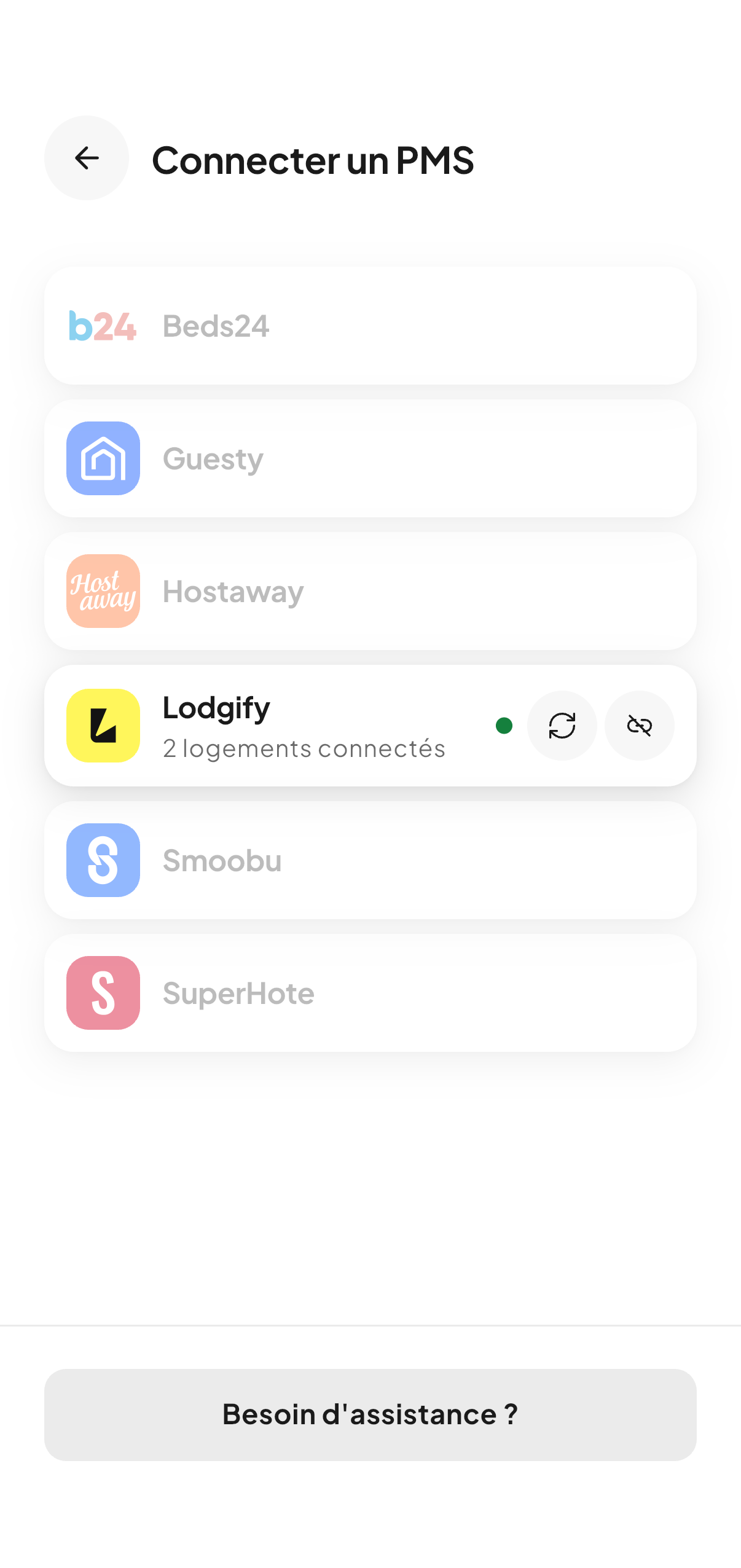 L'écran de connexion PMS de CleanClac : Beds24, Guesty, Hostaway, Lodgify, Smoobu, SuperHote