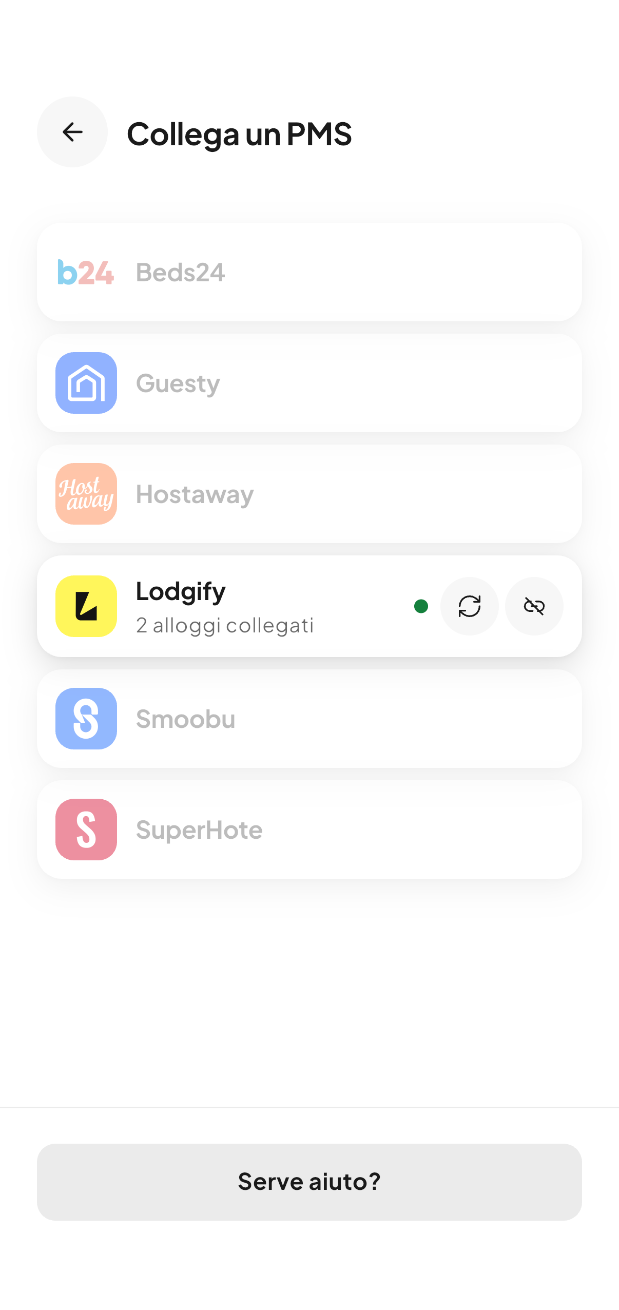 La schermata di connessione al gestionale in CleanClac: Beds24, Guesty, Hostaway, Lodgify, Smoobu, SuperHote