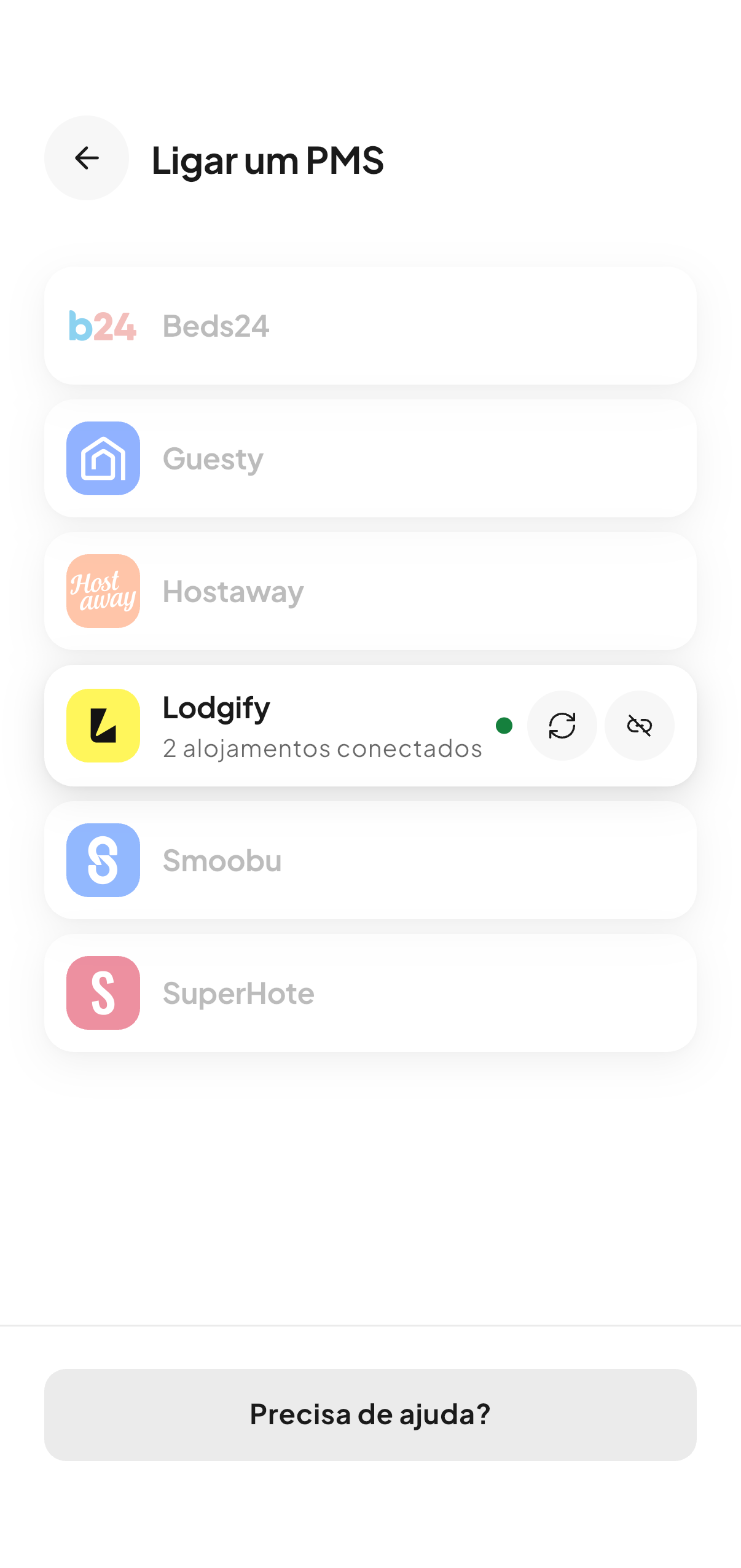 O ecrã de ligação ao software de gestão na CleanClac: Beds24, Guesty, Hostaway, Lodgify, Smoobu, SuperHote