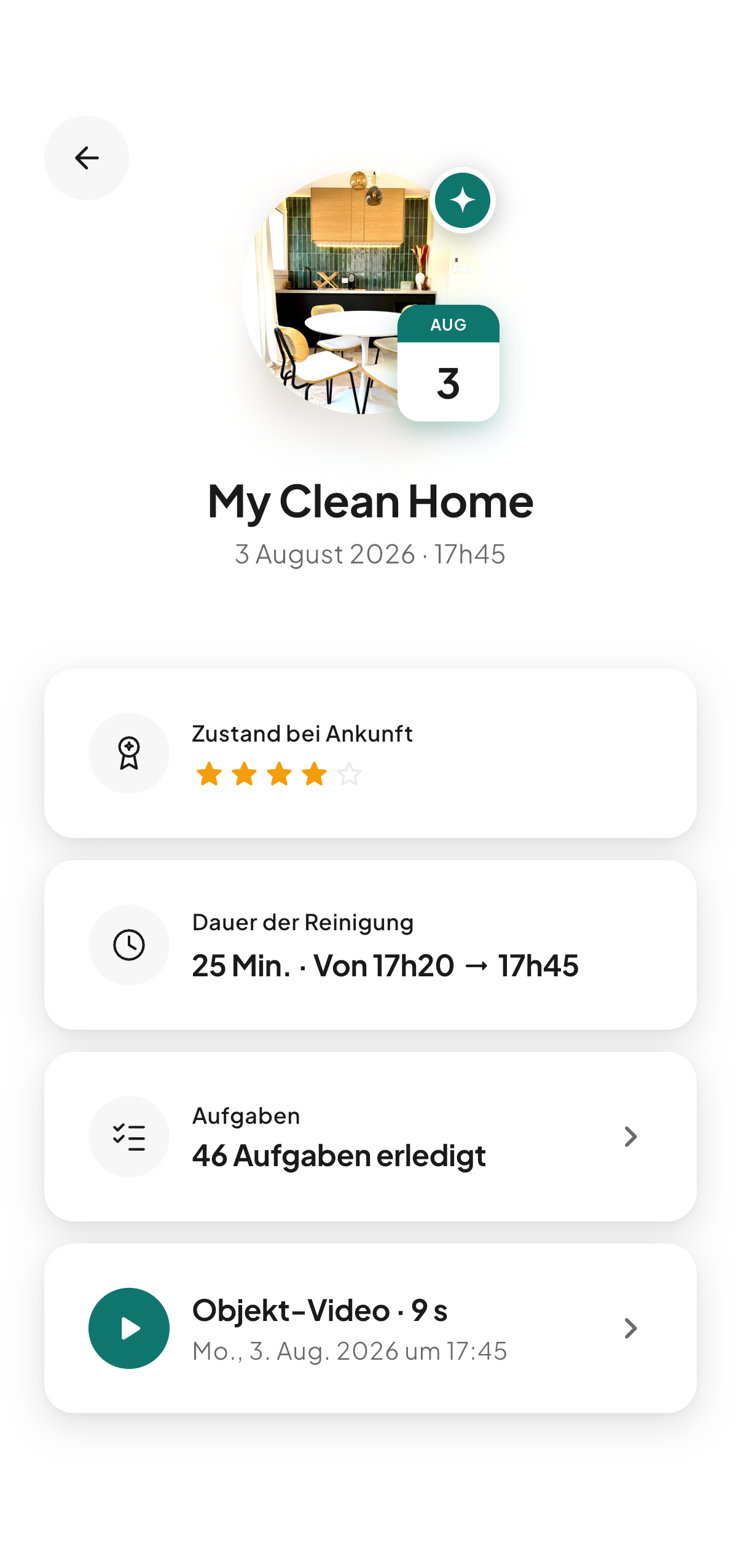 Die Zusammenfassung einer Reinigung in CleanClac: Zustand bei Ankunft mit vier von fünf bewertet, tatsächliche Dauer, erledigte Aufgaben, Video der Unterkunft