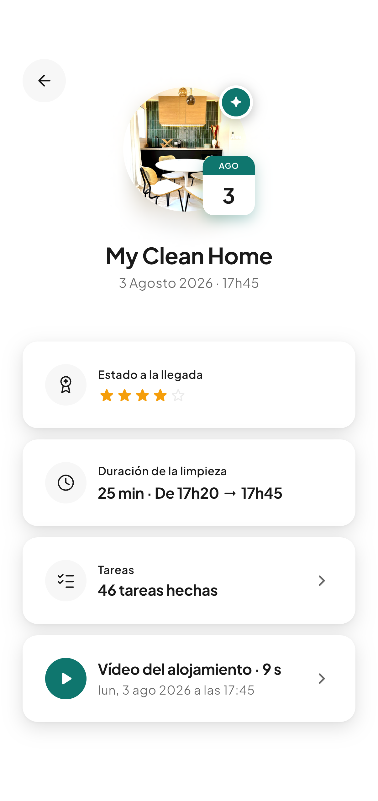 El resumen de una limpieza en CleanClac: estado a la llegada valorado en cuatro sobre cinco, duración real, tareas realizadas, vídeo del alojamiento