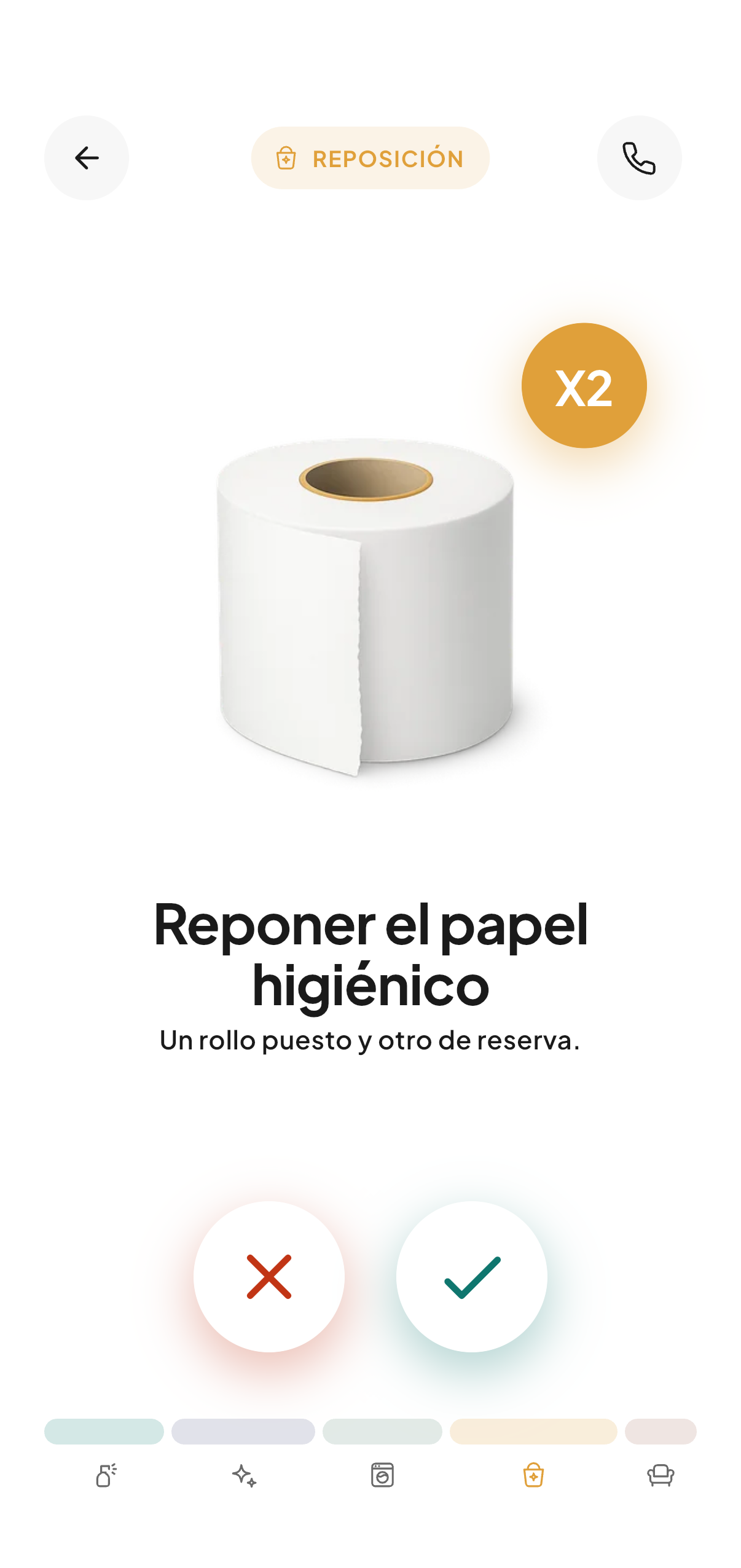 La pantalla de reposición en CleanClac: reponer papel higiénico, un rollo colocado y otro de reserva