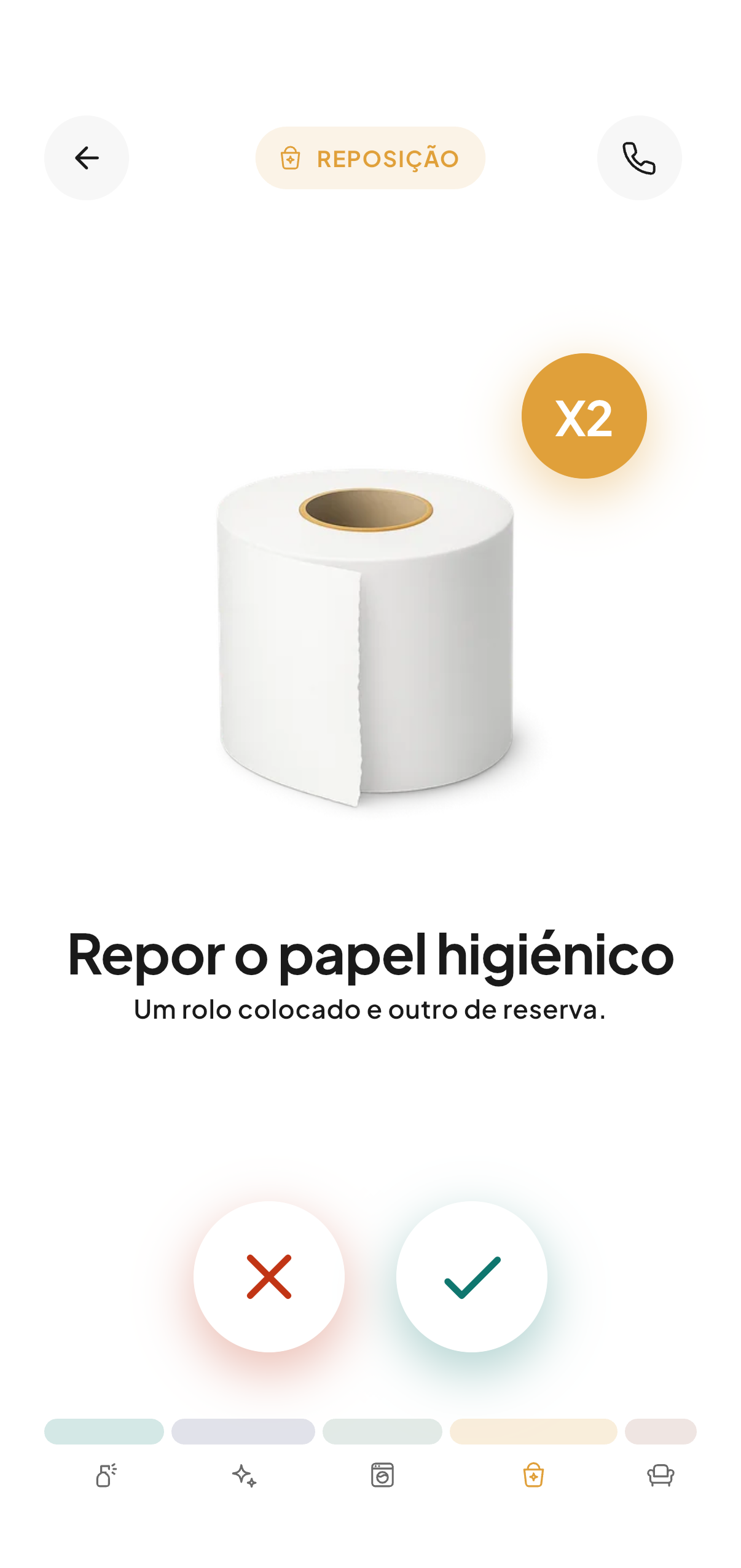 O ecrã de reposição na CleanClac: repor papel higiénico, um rolo colocado e outro de reserva