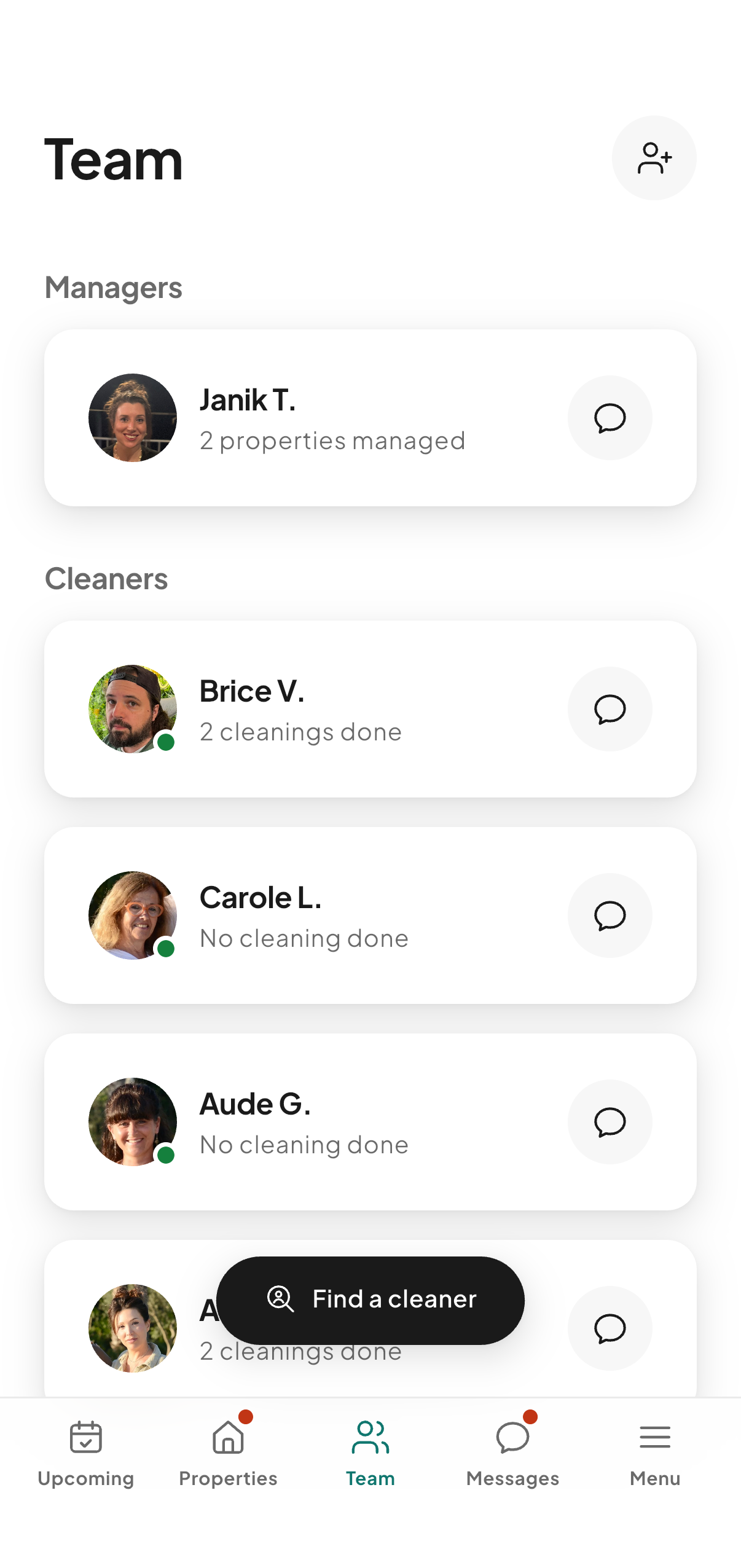 The Team screen in CleanClac: team managers, then cleaners, each with their number of completed cleanings