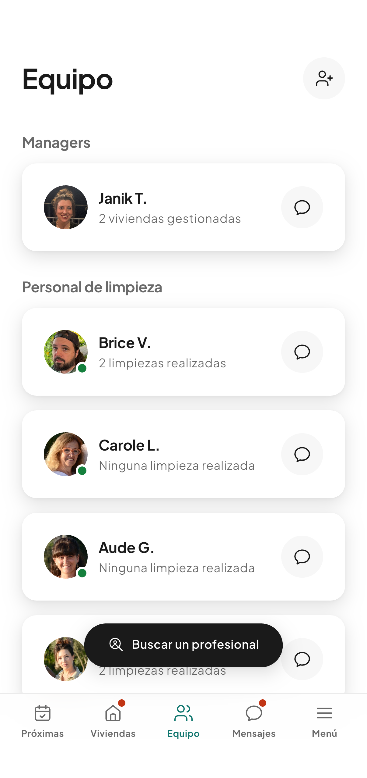 La pantalla Equipo de CleanClac: los Managers, y después los profesionales, cada uno con su número de limpiezas realizadas