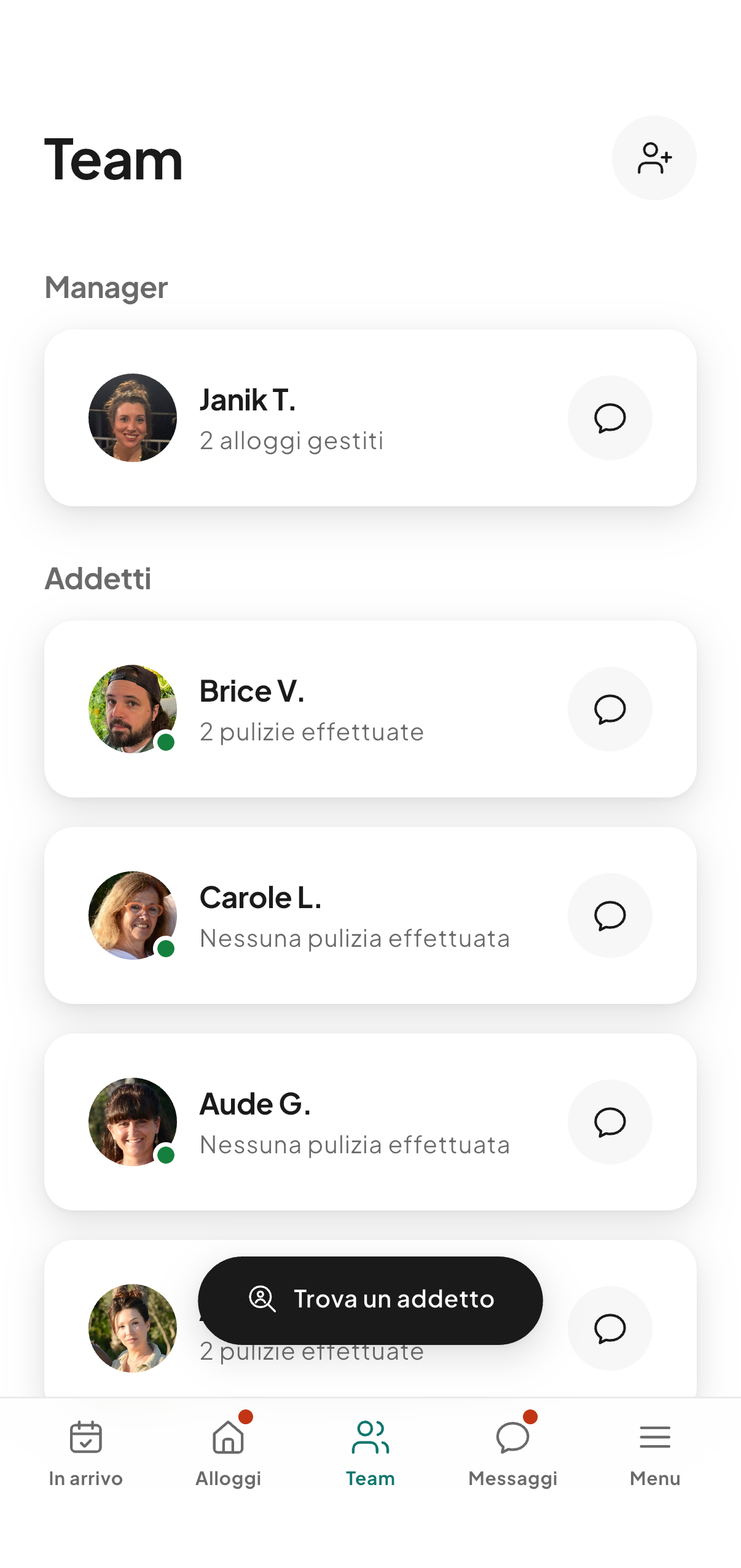 La schermata Squadra di CleanClac: i Manager, poi gli addetti, ciascuno con il numero di pulizie svolte
