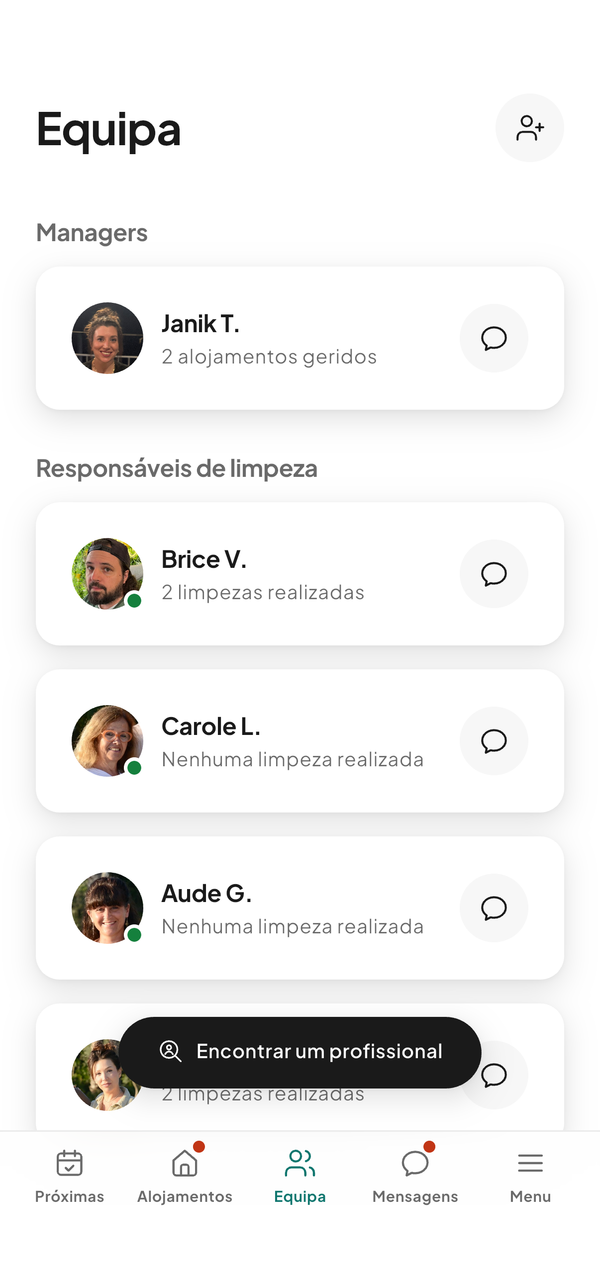 O ecrã Equipa da CleanClac: os Managers, depois os profissionais, cada um com o seu número de limpezas realizadas