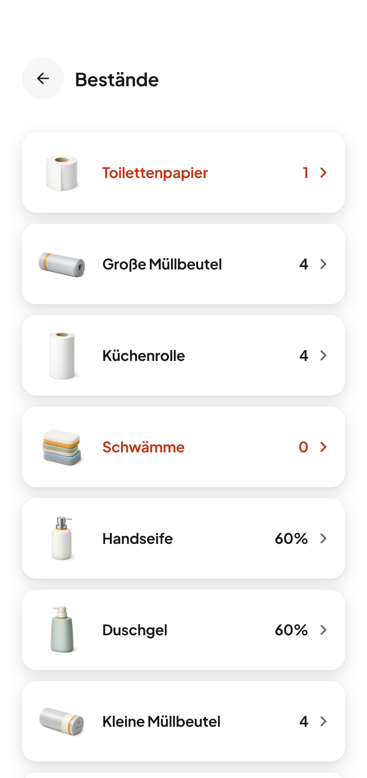 Der Bestandsbildschirm einer Unterkunft in CleanClac: Toilettenpapier, Müllbeutel, Küchenrolle, Schwämme, Seife