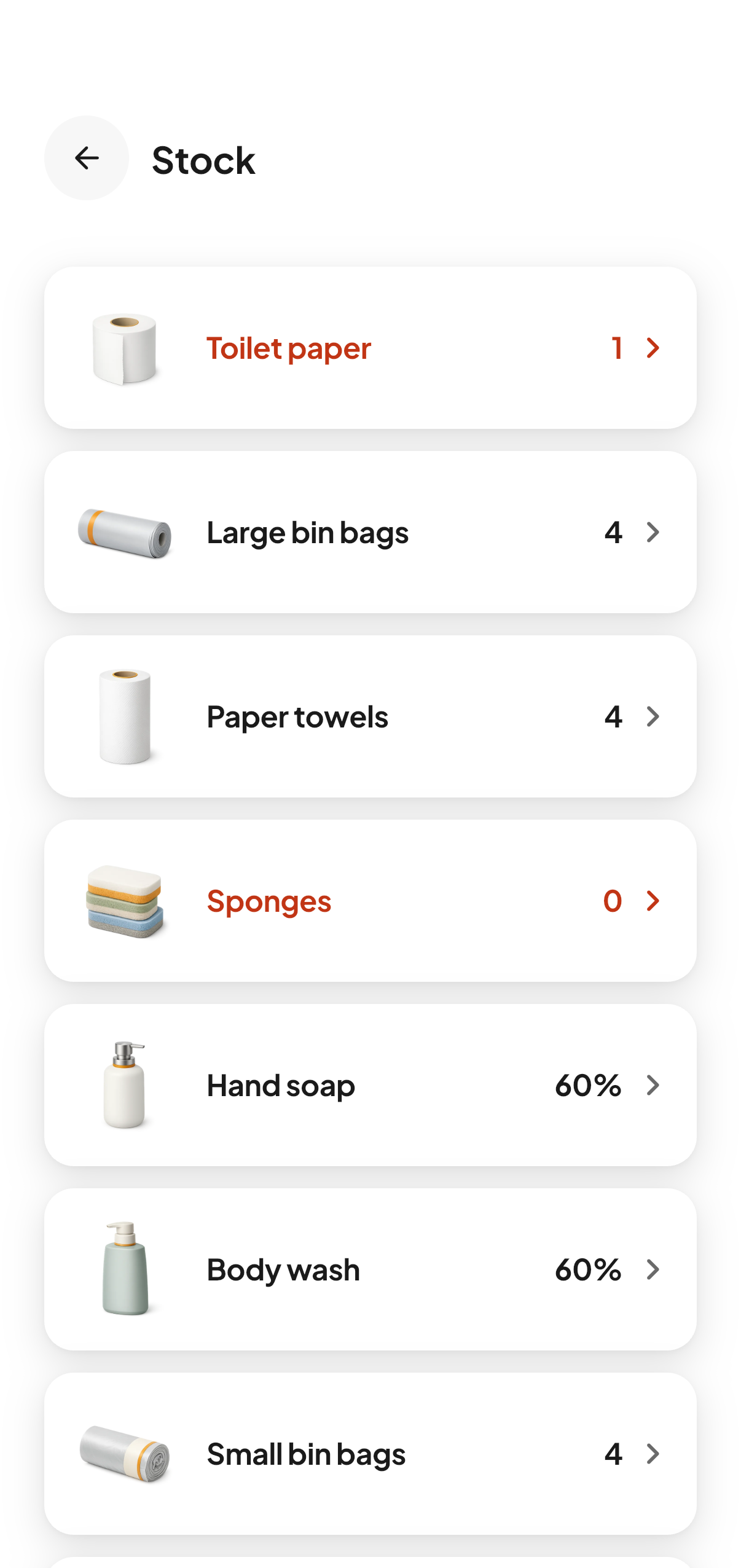 The stock screen for a property in CleanClac: toilet paper, bin bags, kitchen roll, sponges, soap