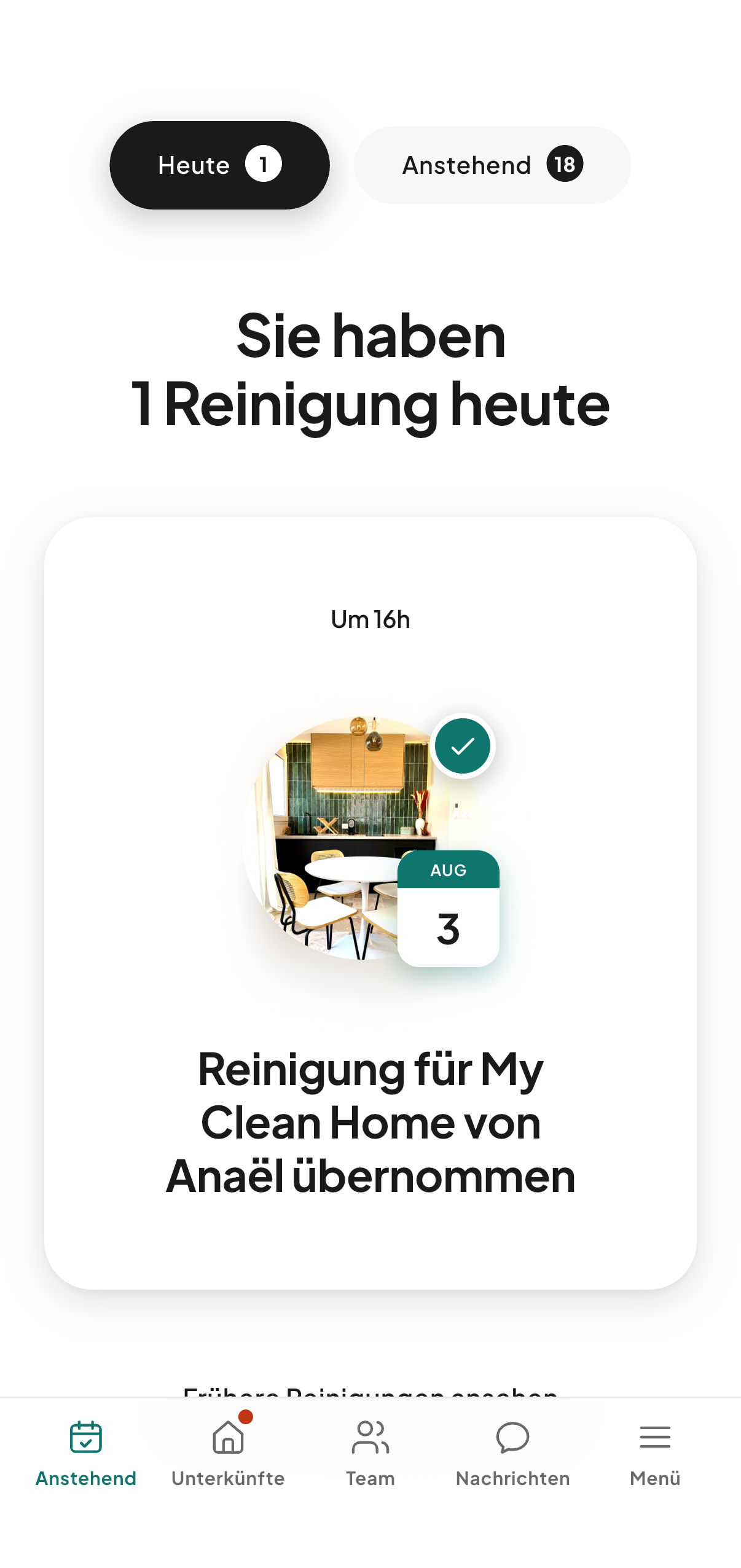 Der Startbildschirm von CleanClac: eine Reinigung heute um 16 Uhr, geplant von Anaël für My Clean Home