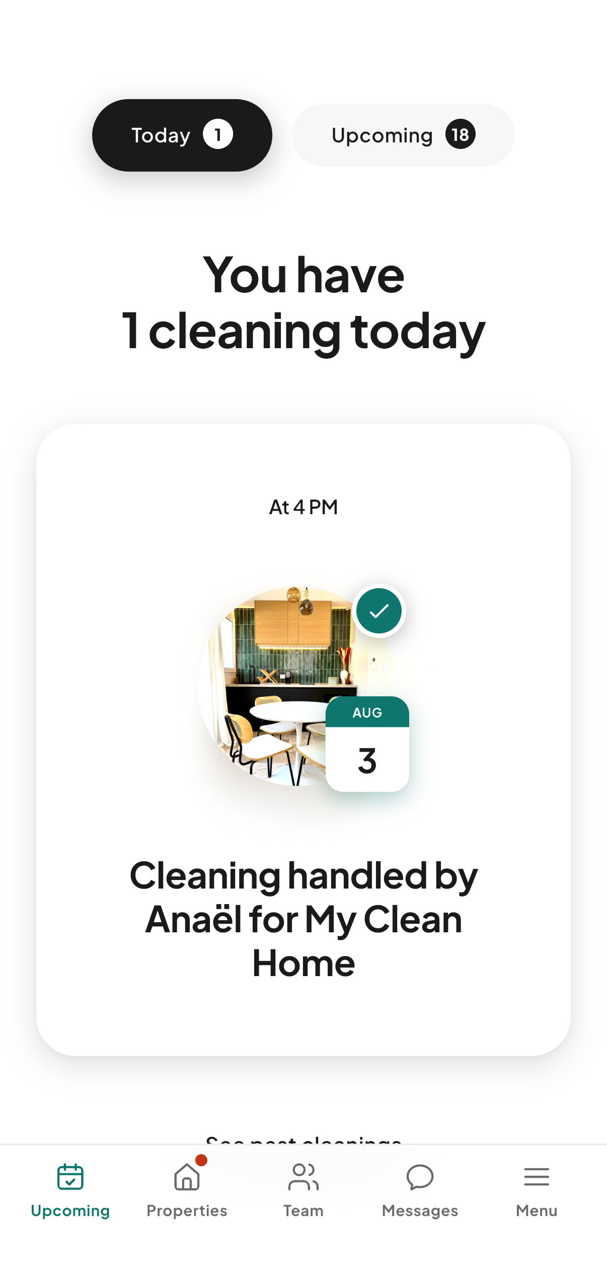 The CleanClac home screen: one cleaning today at 4pm, scheduled by Anaël for My Clean Home