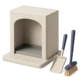 A fireplace with shovel and brush