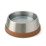 A steel pet bowl filled with water