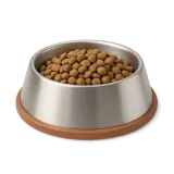 A steel pet bowl filled with kibble