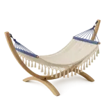 A fabric hammock on its stand