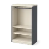 An open wardrobe with empty shelves and a rail