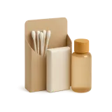 A bathroom kit: cotton swabs, soap and shampoo