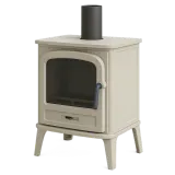 A wood burning stove, door closed