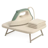 An iron on its ironing board