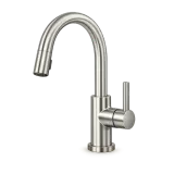 A brushed kitchen tap